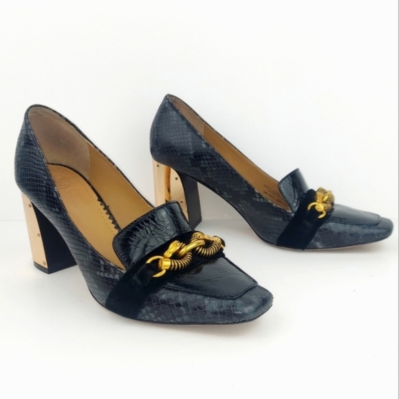Tory Burch Black and Gold Chain Heels - Picture 1 of 16